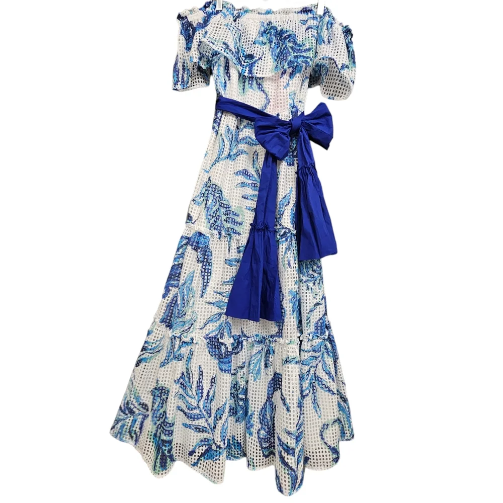 Nwt Lilly Pulitzer Sona White/Blue Floral Off Shoulder Tiered Mesh Midi Dress - Picture 9 of 17